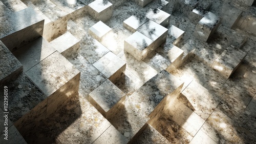Mosaic tiles with raised and recessed surfaces, intricate light and shadow interplay. Light shadow 3d pattern