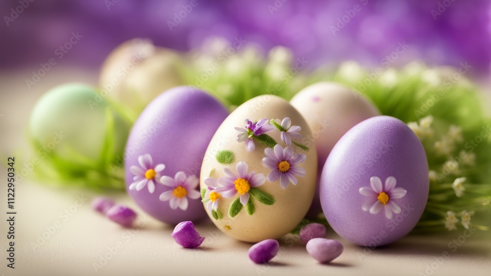 Fototapeta premium Easter eggs decorated with sweets and flowers on a monochrome background, with various shades of purple and green surfaces, conveying the essence of the concept of a happy Easter.