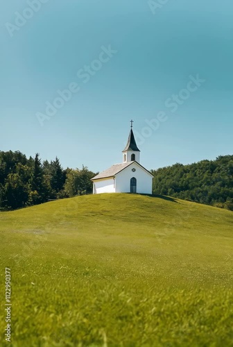 Church on green hill with blue sky background. Rural countryside chapel in minimalist landscape. Traditional religious architecture. Worship and meditation