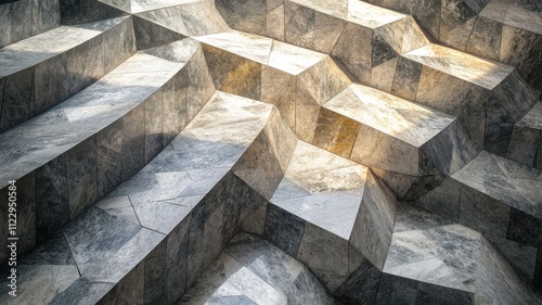 Mosaic tile geometry with layered texture, illuminated for artistic depth. Light shadow 3d pattern