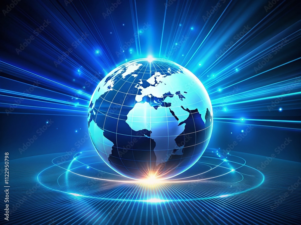 Fototapeta premium Futuristic Neon Blue Globe with Rays Symbolizing Digital Marketing and Strategy Concepts for Innovative Business Solutions and Growth Opportunities