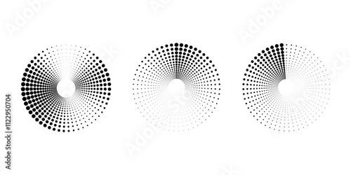 Set of abstract black haftone dotted stripes. Geometric art. Circle form. Trendy design element for logo, tattoo, sign, symbol, web, prints, posters, social media, template, pattern, abstract backdrop