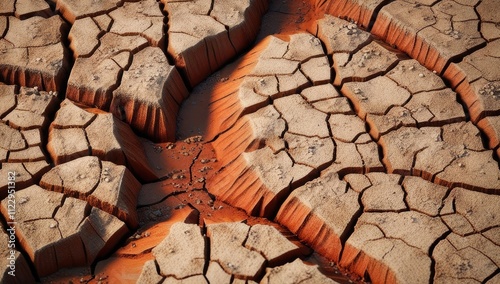 Cracked and parched desert ground with a dry, claylike texture, barren and drought-stricken earth forming natural geometrical patterns, fractured soil with rich earthy tones, aged  photo