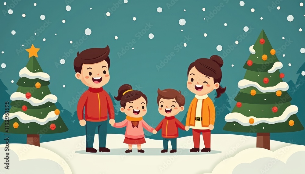Fototapeta premium happy family 2D art style illustration cartoon Christmas winter background