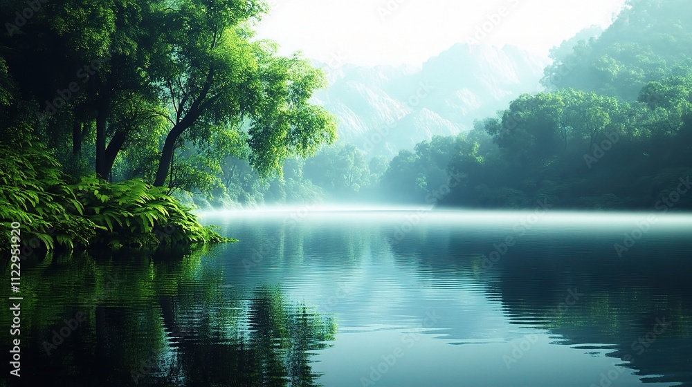Fototapeta premium Dreamy Landscape of a Calm Lake with Mist Rising from Water