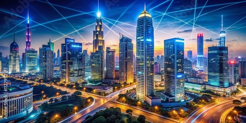 Wallpaper Mural Futuristic Smart City Skyline at Night: Urban Transformation and 5G Technology Illuminating a Dynamic Cityscape with Vibrant Band Lights and Connectivity Innovations Torontodigital.ca