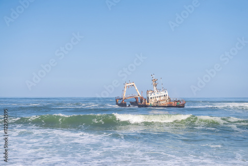 The Zeila Shipwreck on the Namibian skeleton coast in rough seas. photo