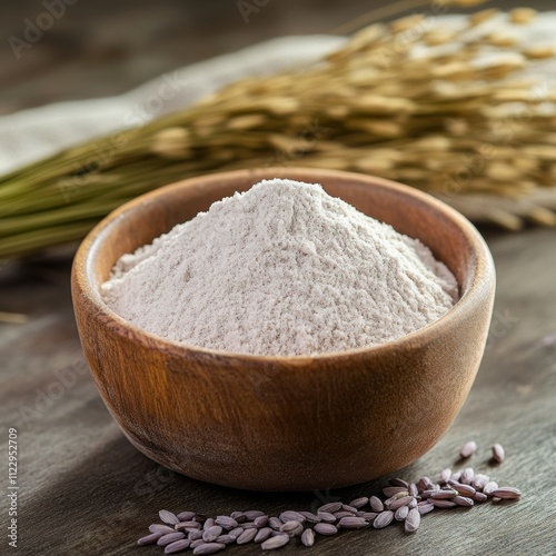 Preparing raw riceberry flour in a wooden bowl surrounded by rice stalks for culinary delights