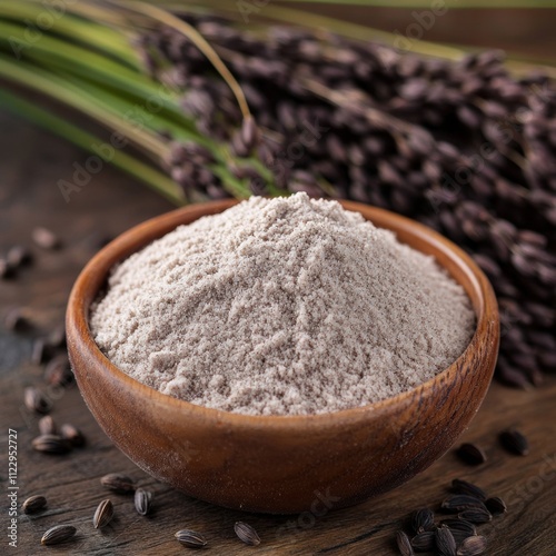 Nutritious dishes with raw riceberry flour in a rustic kitchen for health enthusiasts