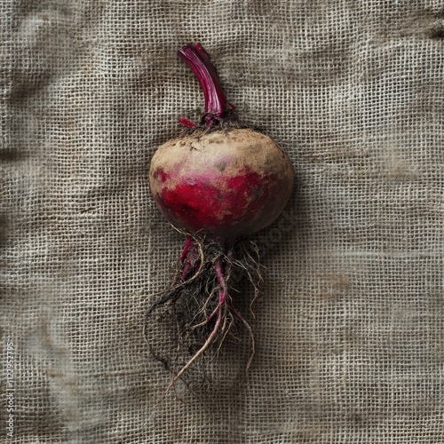 Rustic food photography fresh beetroot harvest on burlap close-up in natural setting