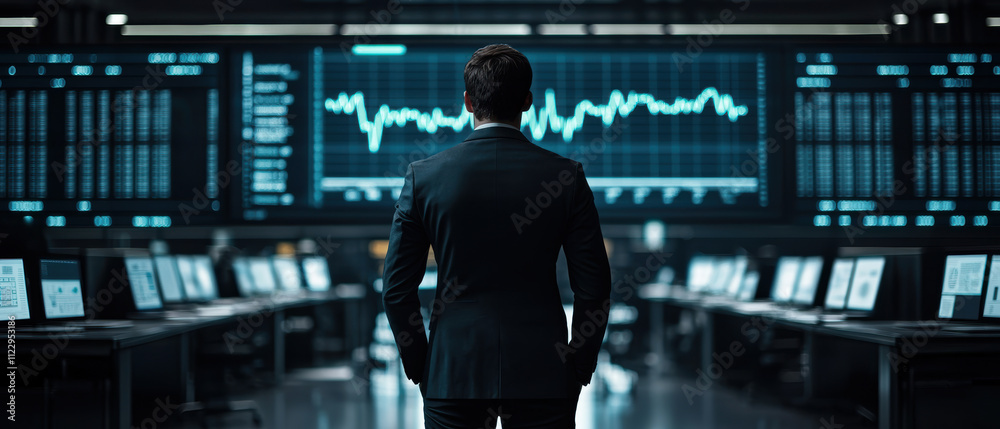 Fototapeta premium A businessman analyzing stock market data in a high-tech office environment, showcasing modern finance technology.