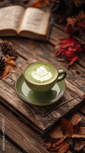 Creating stunning matcha latte foam art on rustic wooden table for cozy  experience