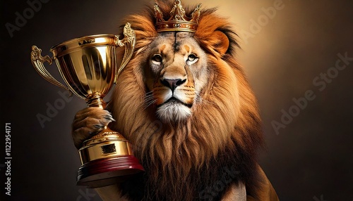 Portrait shot against a black background, a majestic lion king wearing a crown poses roaring with the championship cup in his hand
