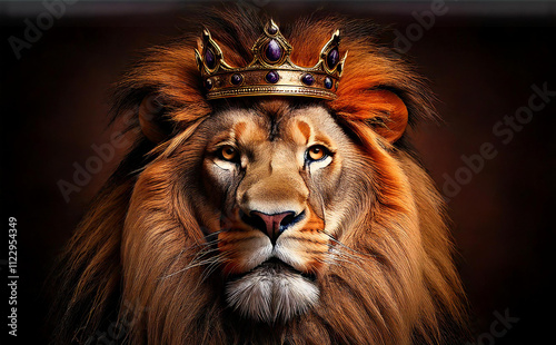 A portrait shot depicting a majestic lion king wearing a crown, roaring and staring intensely at the viewer, against a black background photo