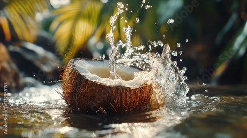 Coconut water splash in a tropical oasis a refreshing perspective for beverage lovers photo