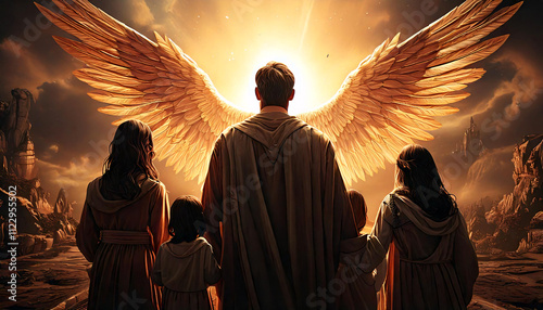 A family has come to worship, standing before God, with the large white wings of an angelic deity visible behind them