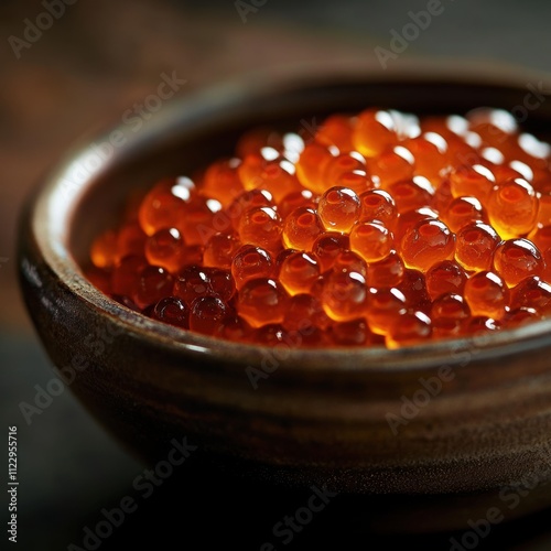 Glistening salmon roe gourmet food photography in a refined ceramic setting