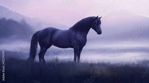 A majestic horse standing serene in a misty landscape at dawn.