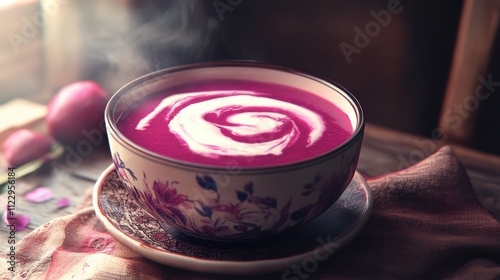 Food photography beetroot soup with cream swirl in a cozy rustic kitchen bowl