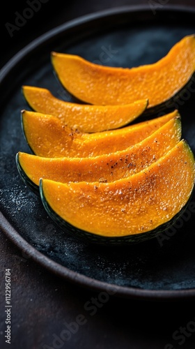 Artistic presentation of kabocha squash minimalist display on dark plate with colorful slices
