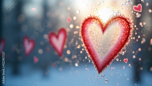 Frosted window with red and pink heart shapes and water droplets in a cozy winter atmosphere photo