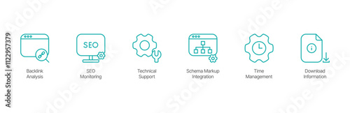 SEO and Technical Support Icon Set – Backlink Analysis, SEO Monitoring, Technical Support, Schema Markup Integration, Time Management, and Download Information Design
