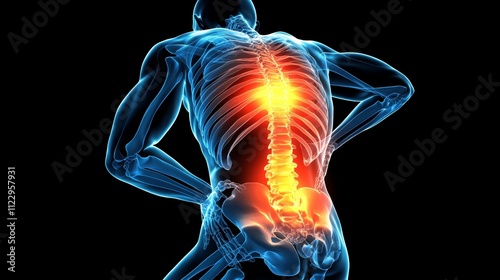 Human body skeleton with a glowing back, depicting pain in the back photo