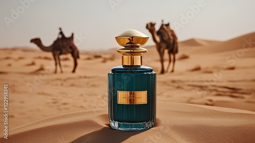 Luxurious perfume bottle in a desert with camels in the background