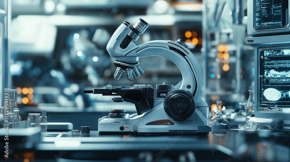 Fototapeta premium Close-up of a modern microscope in a high-tech laboratory environment.