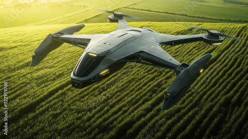 Futuristic drone flying over lush green fields during sunset. photo