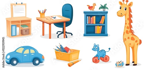 kindergarten interior design furniture and toys, including wooden table, chair, bookshelf, and education equipment. photo