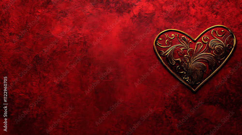 decorative golden heart on rich red textured background decorative golden heart on rich red textured background