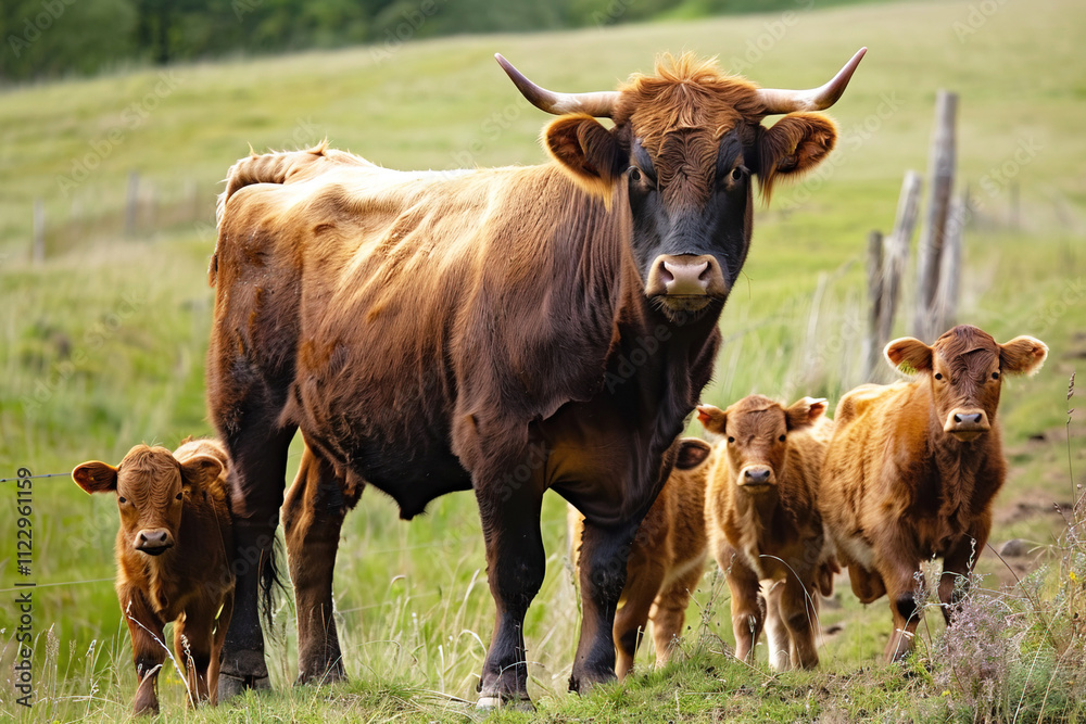 Fototapeta premium Heck cattle grazing peacefully in lush green pasture during daytime in rural setting
