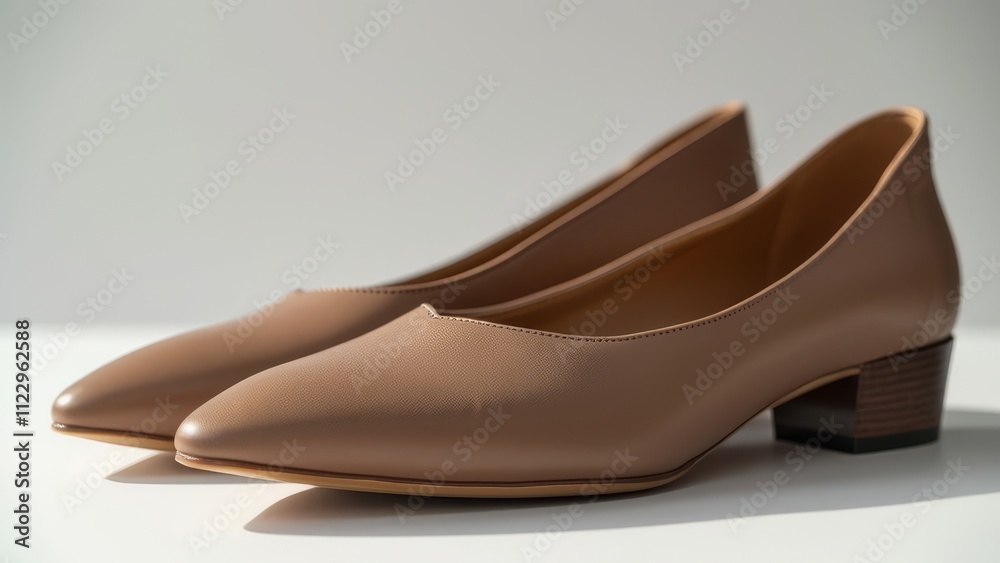 Pair of women's shoes on a white background in the colors of 2025 - Mocha Mousse. Pair of women's shoes on a white background in the colors of 2025 - Mocha Mousse.