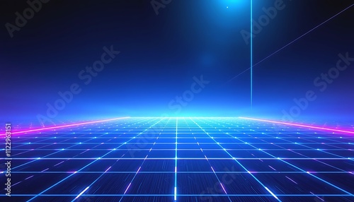 Cyberpunk Grid Neon Lines Digital Horizon Futuristic Landscape. A perspective view of a vast, illuminated plane.