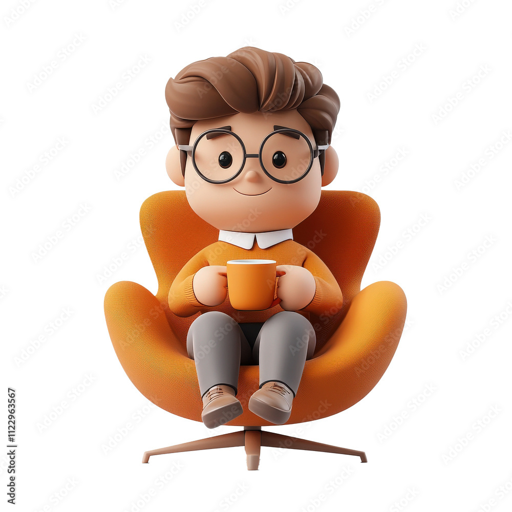Fototapeta premium A cartoon character with glasses sits comfortably in a stylish orange chair, holding a cup, exuding a cozy and relaxed vibe.