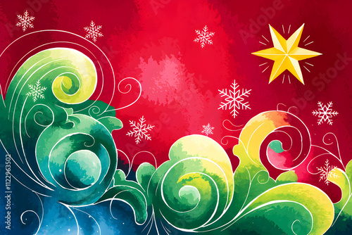 Vibrant Christmas Design with Swirling Patterns and Snowflakes