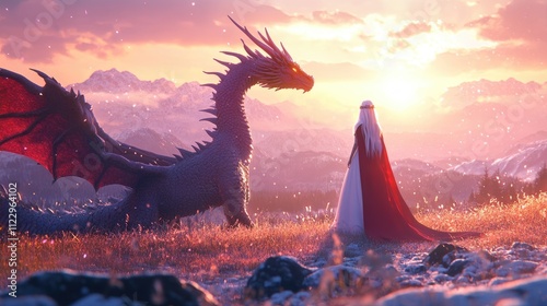 Cute anime warrior princess and majestic creature dragon companion, 3d creative degital art illustration cartoon. Fantasy landscape background, mysterious sorceress fairy tale of magical adventure. photo