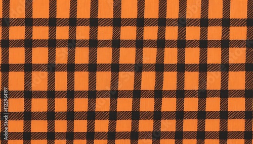 Closeup view of an orange and black gingham fabric with a checkered pattern. The texture is visible showing a slightly rough linenlike material. The colors are bold and saturated. photo