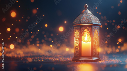 Ornamental lantern with warm candlelight. Concept of Ramadan, Islamic celebration, and tradition.