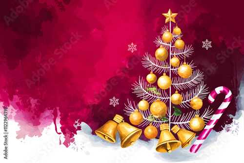 Festive Christmas Tree with Golden Ornaments and Bells on a Watercolor Background