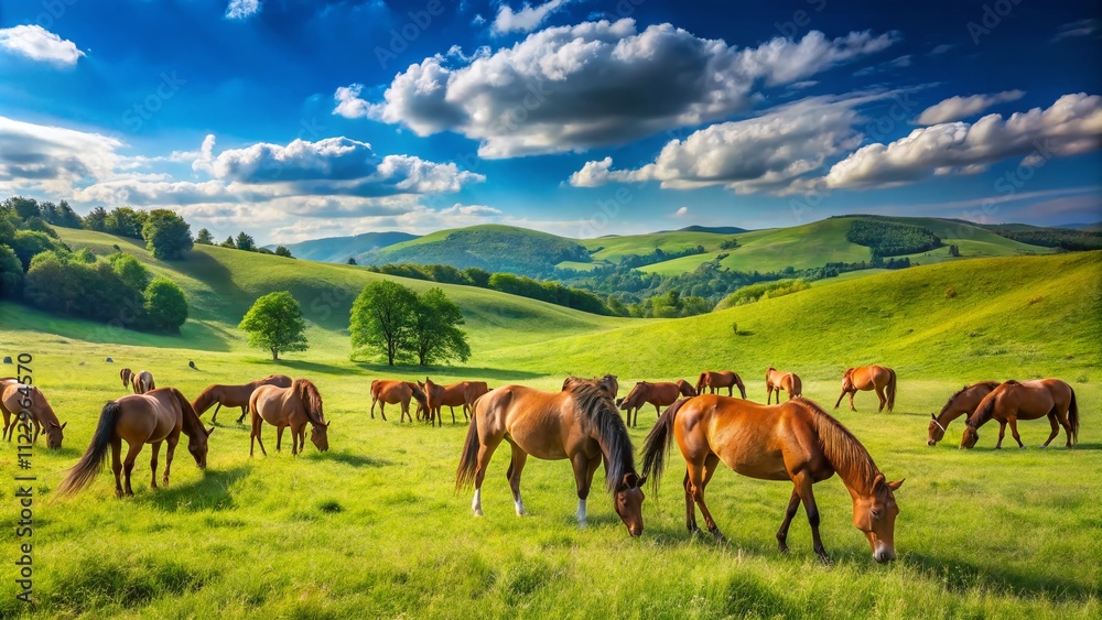 Obraz premium Herd of Grazing Brown Oldenburger Horses in a Beautiful Meadow on a Sunny Day in the Rural Countryside, Enjoying Fresh Green Grass in a Picturesque Pasture Setting