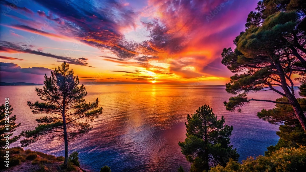 Fototapeta premium High Angle View of Silhouetted Trees Against the Serene Sea at Sunset, Capturing Nature's Tranquility and the Beauty of Coastal Landscapes