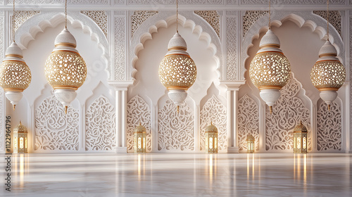 Elegant Islamic Architecture Interior with Hanging Lanterns. Concept of Beauty, Tradition, and Spirituality.