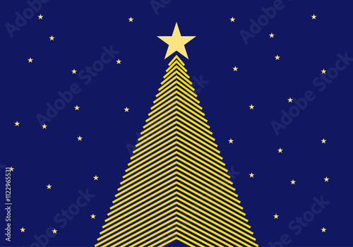 Árbol de navidad de trazo amarillo con estrella en fondo de cielo nocturno con estrellas