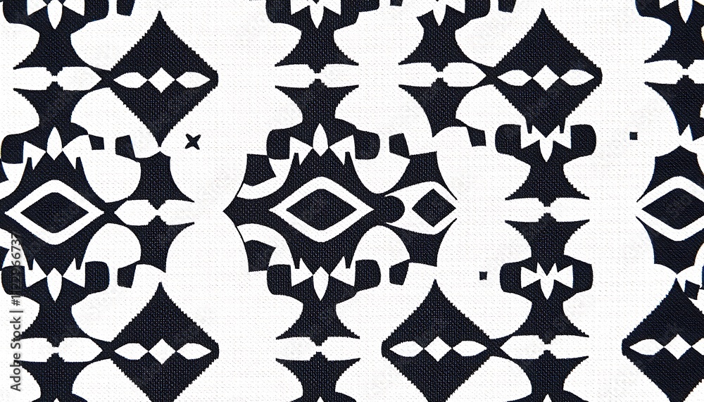 Fototapeta premium Black White Geometric Textile Pattern Design Fabric Print/ Repeating design features diamond and floral motifs. High contrast textured fabric appearance.