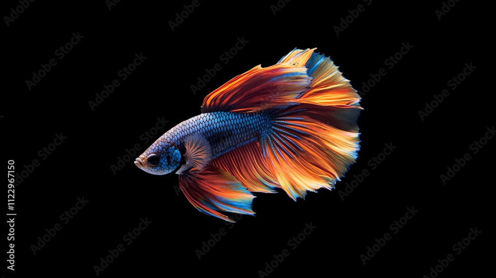 Fototapeta premium vibrant betta fish with flowing fins and vivid colors swims gracefully against black background, showcasing its elegance and beauty