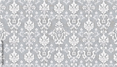  A repeating damask pattern in white on a grey textured background. Intricate floral designs create an elegant and sophisticated wallpaper or fabric design. photo