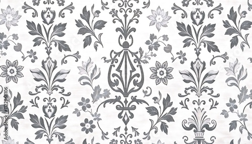 Elegant Gray Damask Floral Wallpaper Fabric Textile Design on a textured white background. Classic elegant design ideal for fabrics or wallpaper.