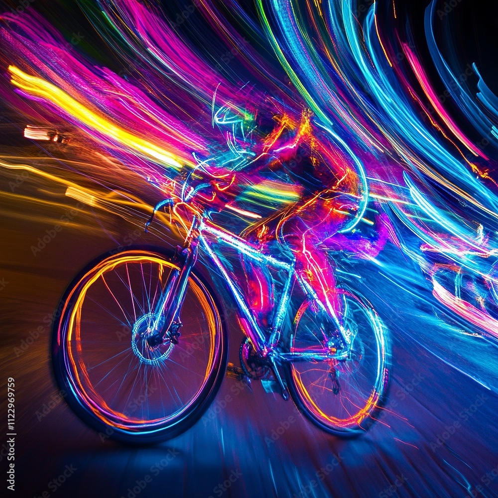 Fototapeta premium creative light painting of a bicycle in motion, long exposure shutter speed forming glowing trails, vibrant colors, and low angle view